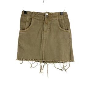 Free People Khaki Denim Mini Cargo Skirt Women's 2 Frayed Hem Back Buckle NWOT
